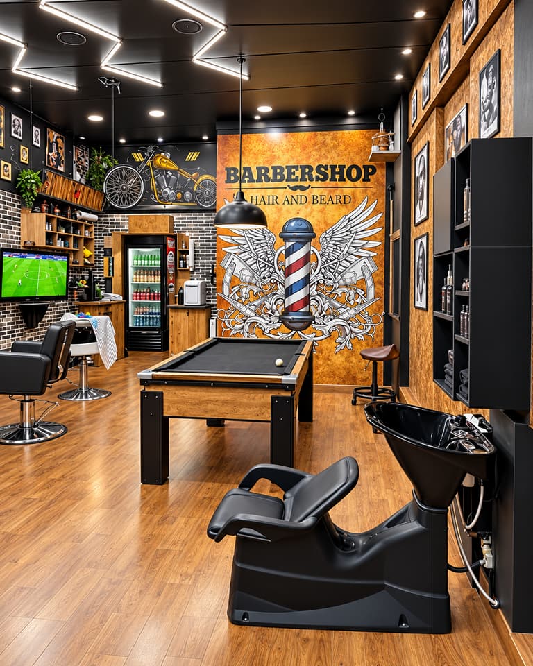 Salão com mesa de sinuca, mural com poste de barbeiro e lavatório