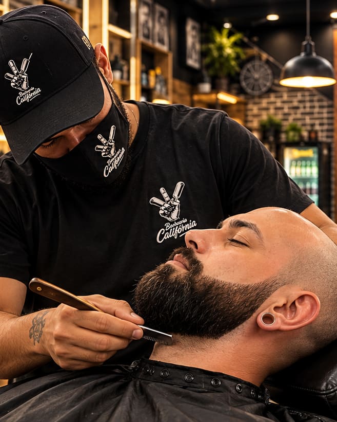 Barbearia Califórnia — estilo, precisão e tradição. Barbeiro de boné e máscara da marca fazendo a barba de um cliente com navalha.