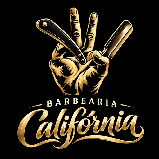 Barbearia Califórnia: logo dourado com mão em sinal de paz segurando duas navalhas